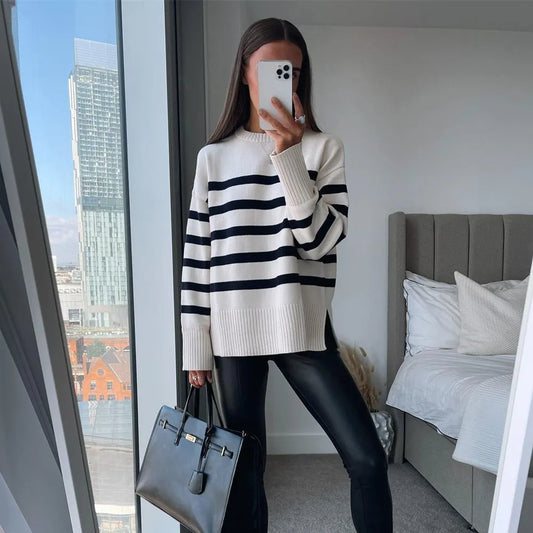 Chic Striped Low Slit Sweater