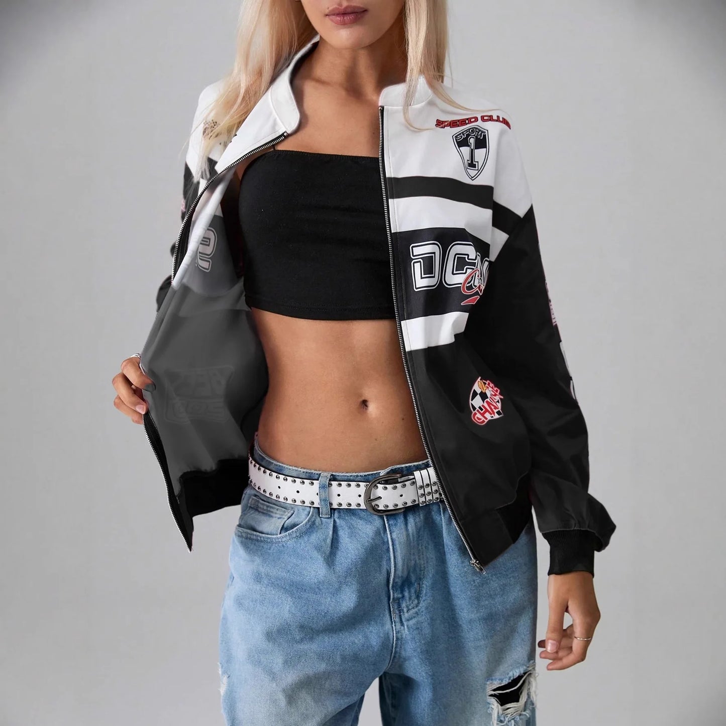 Y2K Retro Racing Bomber Jacket - Unisex Oversized Streetwear Moto Jacket - Embroidered Patchwork Windbreaker - Harajuku Style Full-Zip Biker Outwear - Aesthetic Speed Club Jacket