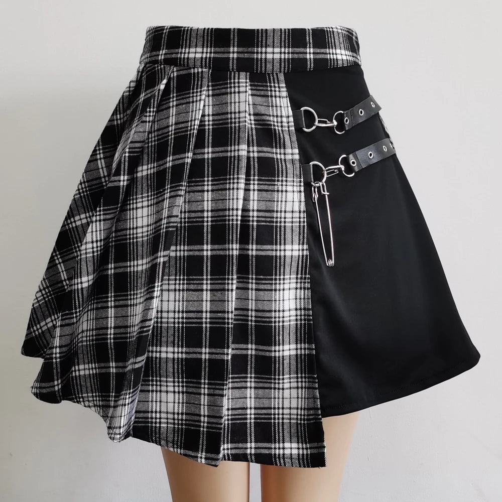 Gothic Red Plaid Patchwork Mini Skirt - Punk Rock Asymmetrical Pleated Skater Skirt - Harajuku Alt E-Girl A-Line Bottoms - Edgy High-Waisted Streetwear Skirt with Faux Leather Buckles & Safety Pin Accent