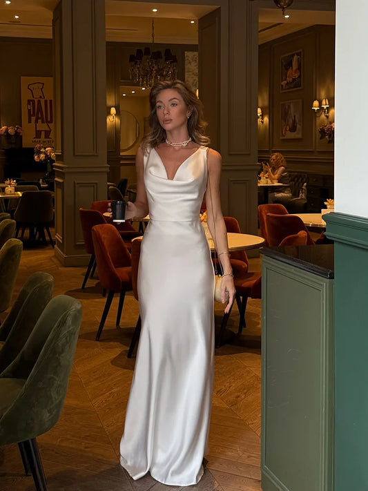 Elegant Ivory Cowl Neck Satin Maxi Dress - Premium Sleeveless Bias-Cut Silk Evening Gown - Vintage Style Satin Long Dress for Brides, Rehearsal Dinners, Weddings & Formal Galas