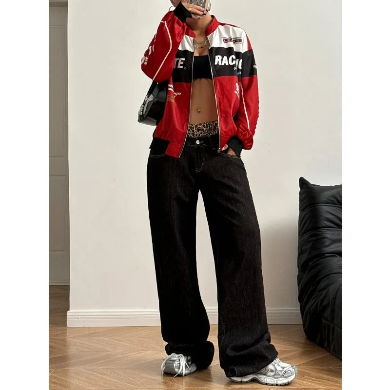 Y2K Retro Racing Bomber Jacket - Unisex Oversized Streetwear Moto Jacket - Red & White Colorblock Windbreaker - Harajuku Style Full-Zip Biker Outwear - Aesthetic Speed Club Jacket