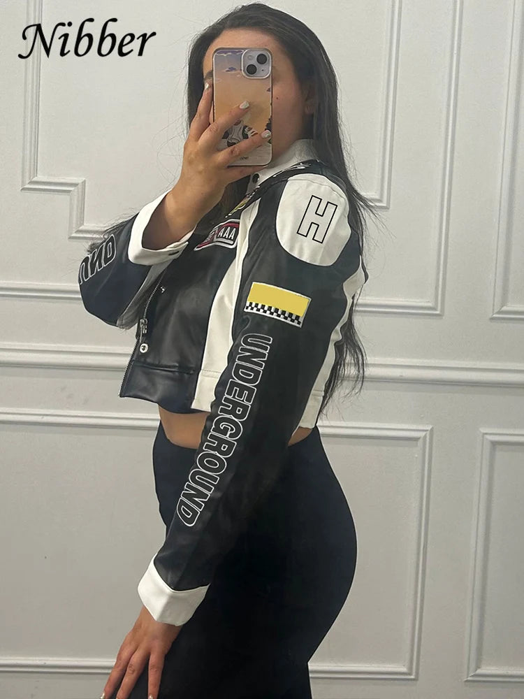 Y2K Retro Racing Crop Jacket - Women’s Harajuku Moto Streetwear - Green & Black Patchwork Faux Leather Biker Outwear - Aesthetic Speed Club Cropped Bomber - Vintage Moto-Style Fashion
