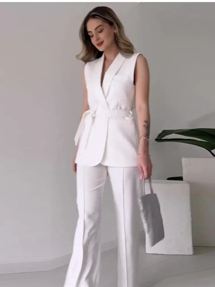 Valentina Crimson Ensemble - Tailored Sleeveless Suit with Wide-Leg Trousers