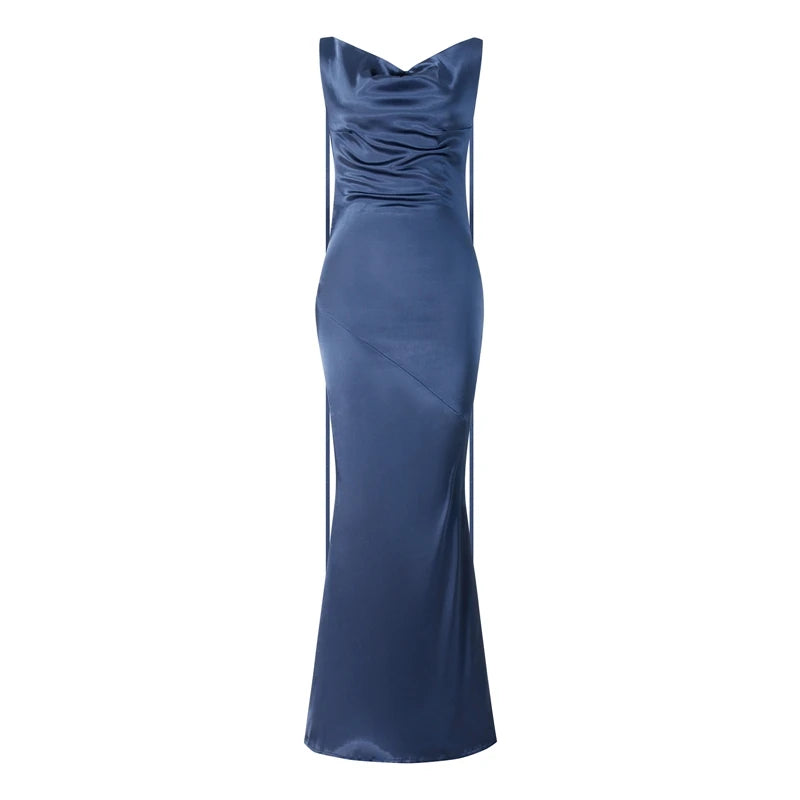 Elegant Buttermilk Cowl Neck Satin Maxi Slip Dress - Premium Backless Draped Silk Evening Gown - Luxury Champagne Long Dress with Low Open Back for Weddings, Prom, Dinners & Formal Events