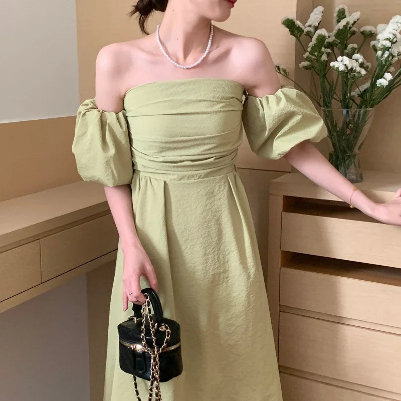 Pleated Puff Sleeves Maxi Dress