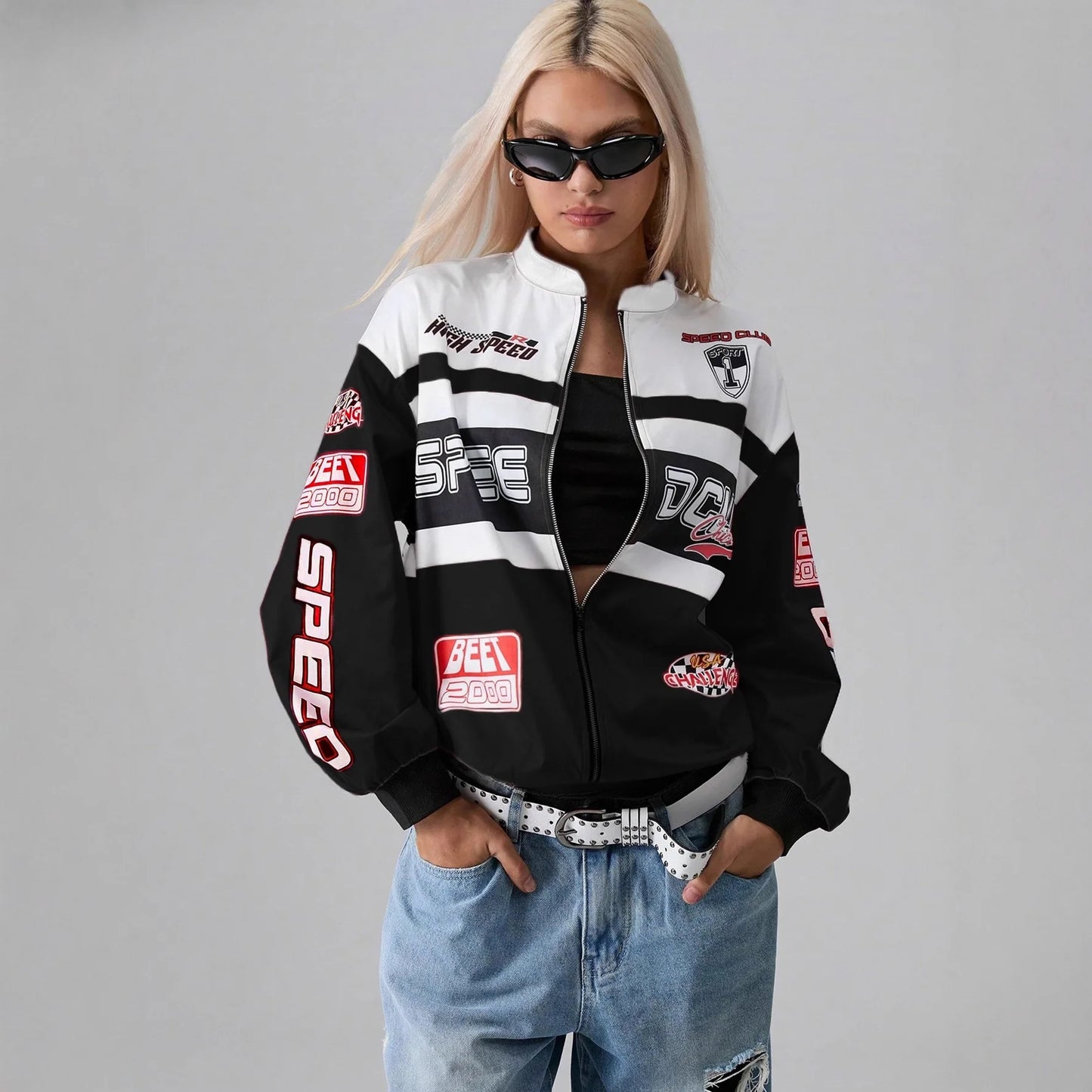 Y2K Retro Racing Bomber Jacket - Unisex Oversized Streetwear Moto Jacket - Embroidered Patchwork Windbreaker - Harajuku Style Full-Zip Biker Outwear - Aesthetic Speed Club Jacket