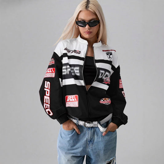 Y2K Retro Racing Bomber Jacket - Unisex Oversized Streetwear Moto Jacket - Embroidered Patchwork Windbreaker - Harajuku Style Full-Zip Biker Outwear - Aesthetic Speed Club Jacket