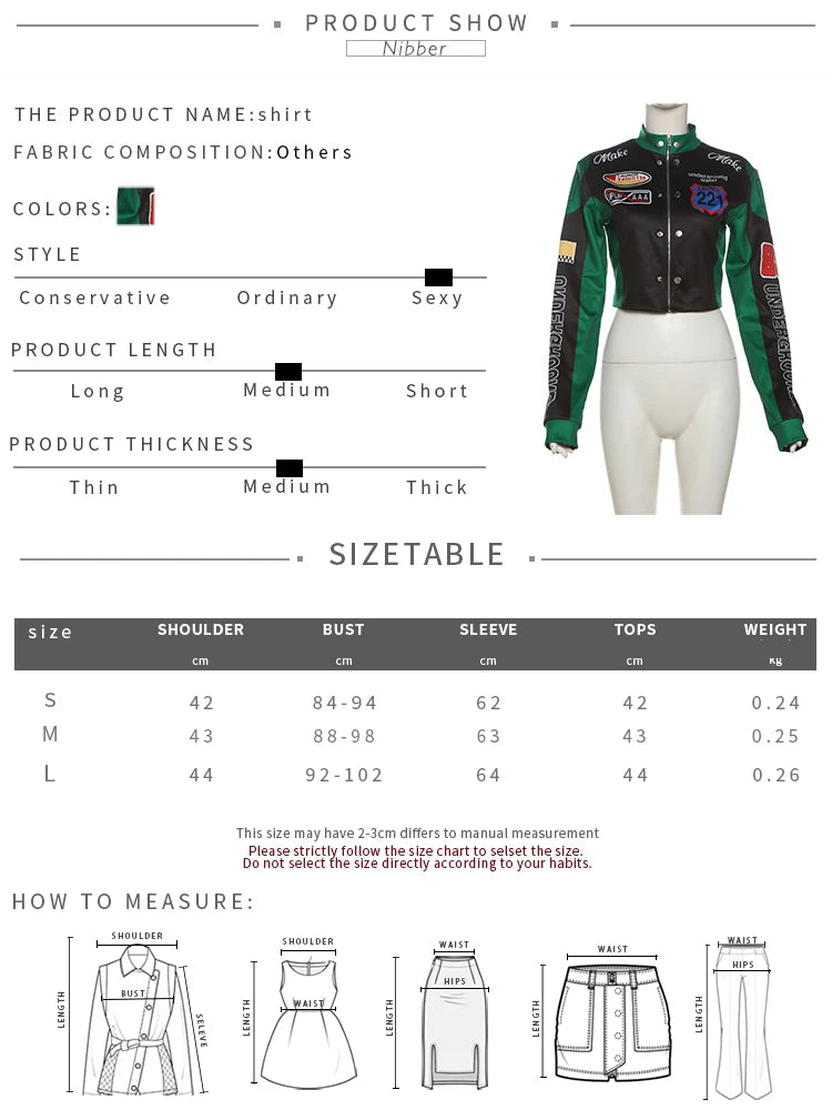Y2K Retro Racing Crop Jacket - Women’s Harajuku Moto Streetwear - Green & Black Patchwork Faux Leather Biker Outwear - Aesthetic Speed Club Cropped Bomber - Vintage Moto-Style Fashion