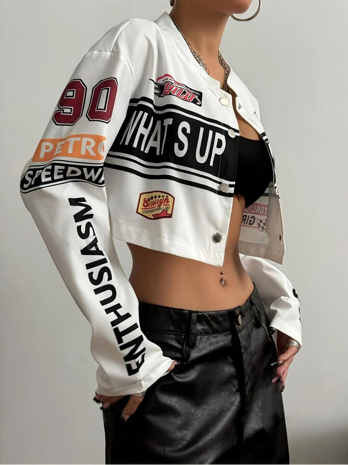 Y2K White Cropped "WHAT'S UP" Graphic Racing Jacket - Moto Biker Bomber with Sleeve Patches - Women’s High-Waist Streetwear Leather Coat