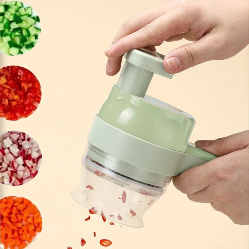4-in-1 Handheld Electric Vegetable Cutter Set - USB Rechargeable Wireless Garlic Masher, Slicer, Chopper & Electric Cleaning Brush for Kitchen Prep