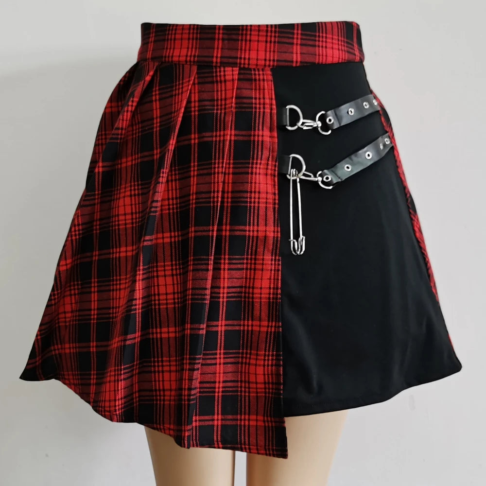 Gothic Red Plaid Patchwork Mini Skirt - Punk Rock Asymmetrical Pleated Skater Skirt - Harajuku Alt E-Girl A-Line Bottoms - Edgy High-Waisted Streetwear Skirt with Faux Leather Buckles & Safety Pin Accent