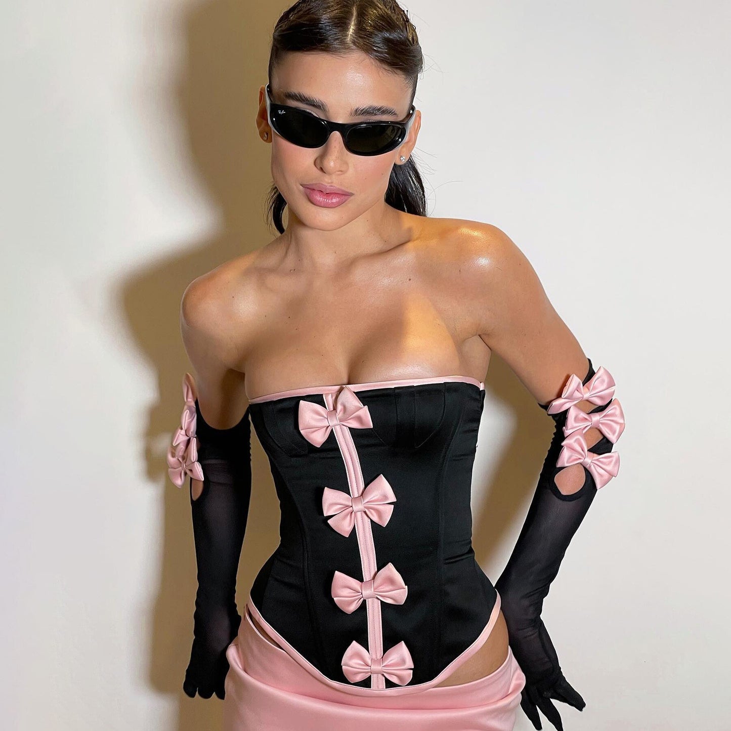 Black Pink Sexy Bow Y2k Two Piece Set