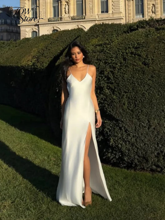 Elegant White Silk Satin Maxi Slip Dress - Premium Spaghetti Strap V-Neck Backless Evening Gown - High-Slit Luxury Silk Long Dress for Weddings, Prom, Cocktail Parties & Formal Events