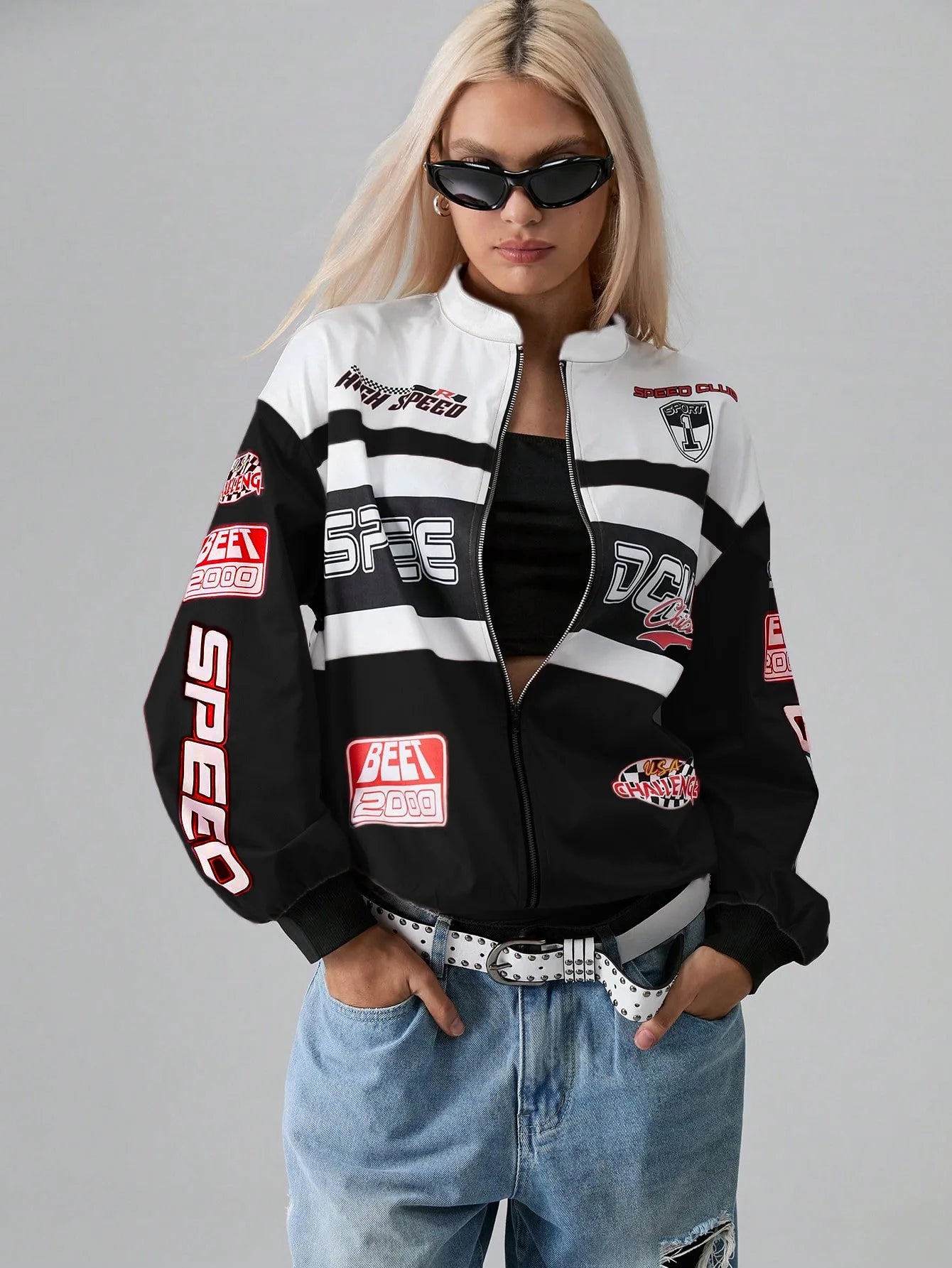 Y2K Retro Racing Bomber Jacket - Unisex Oversized Streetwear Moto Jacket - Embroidered Patchwork Windbreaker - Harajuku Style Full-Zip Biker Outwear - Aesthetic Speed Club Jacket