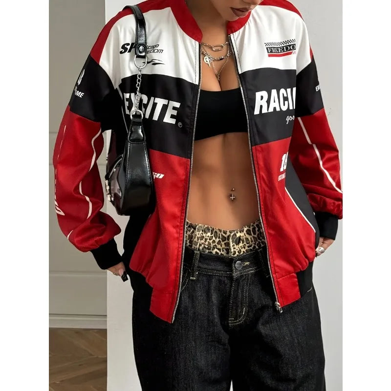 Y2K Retro Racing Bomber Jacket - Unisex Oversized Streetwear Moto Jacket - Red & White Colorblock Windbreaker - Harajuku Style Full-Zip Biker Outwear - Aesthetic Speed Club Jacket
