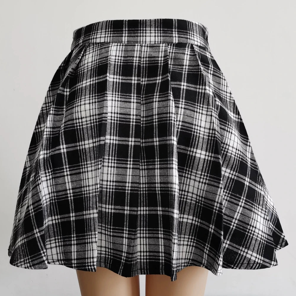 Gothic Red Plaid Patchwork Mini Skirt - Punk Rock Asymmetrical Pleated Skater Skirt - Harajuku Alt E-Girl A-Line Bottoms - Edgy High-Waisted Streetwear Skirt with Faux Leather Buckles & Safety Pin Accent