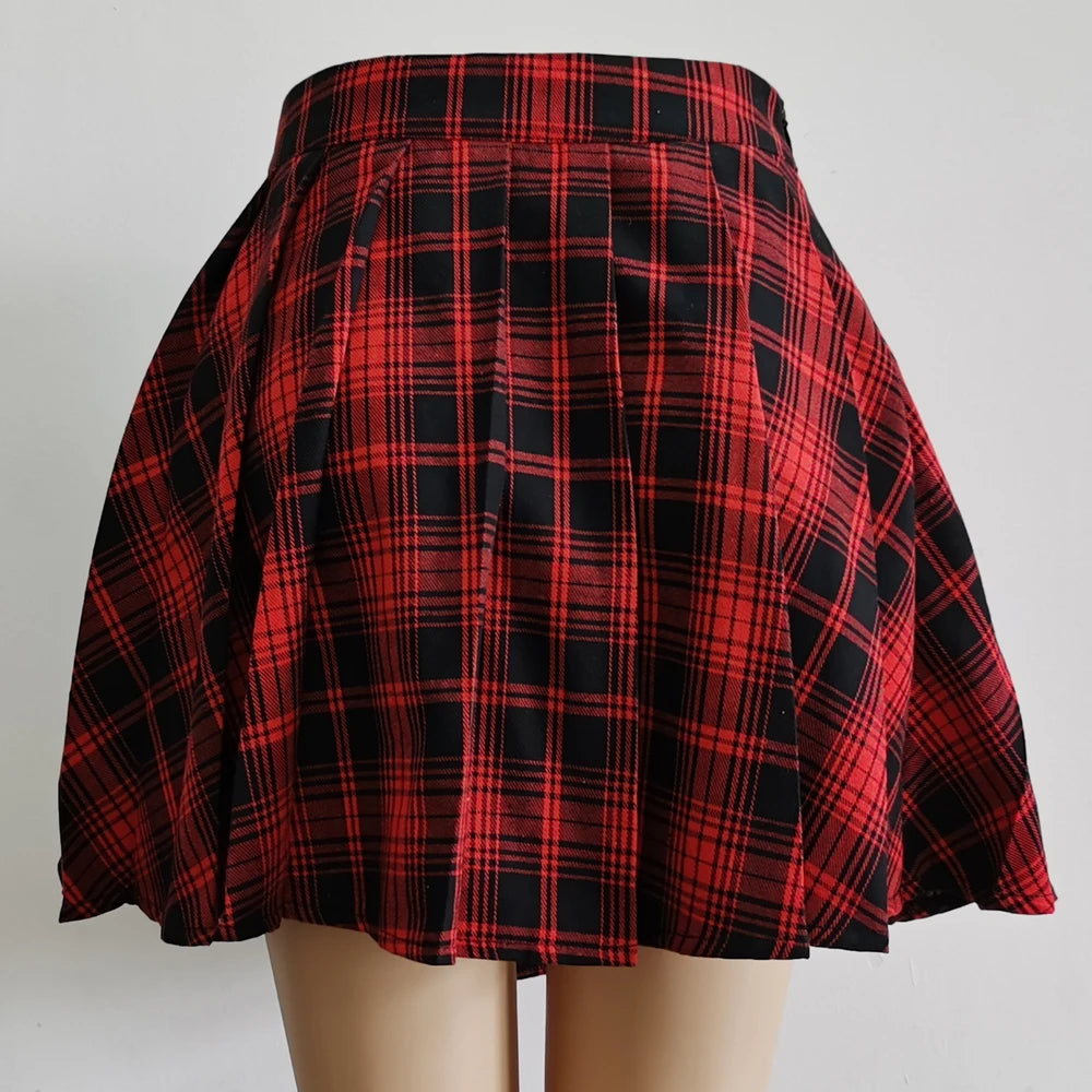 Gothic Red Plaid Patchwork Mini Skirt - Punk Rock Asymmetrical Pleated Skater Skirt - Harajuku Alt E-Girl A-Line Bottoms - Edgy High-Waisted Streetwear Skirt with Faux Leather Buckles & Safety Pin Accent