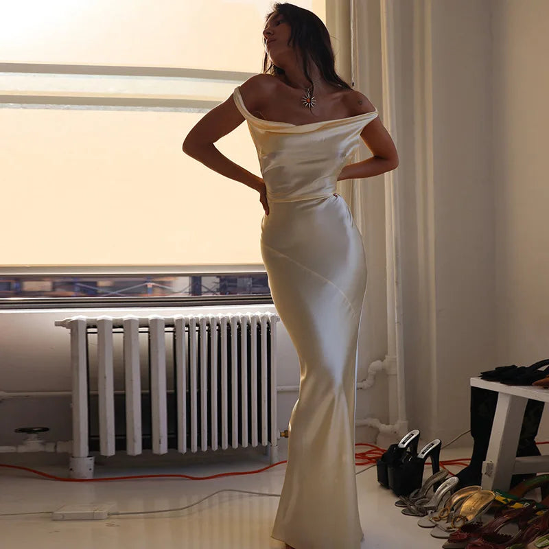 Elegant Buttermilk Cowl Neck Satin Maxi Slip Dress - Premium Backless Draped Silk Evening Gown - Luxury Champagne Long Dress with Low Open Back for Weddings, Prom, Dinners & Formal Events