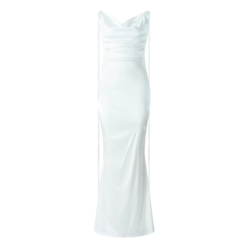 Elegant Buttermilk Cowl Neck Satin Maxi Slip Dress - Premium Backless Draped Silk Evening Gown - Luxury Champagne Long Dress with Low Open Back for Weddings, Prom, Dinners & Formal Events