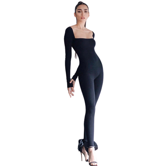 Ribbed Square Collar Jumpsuit