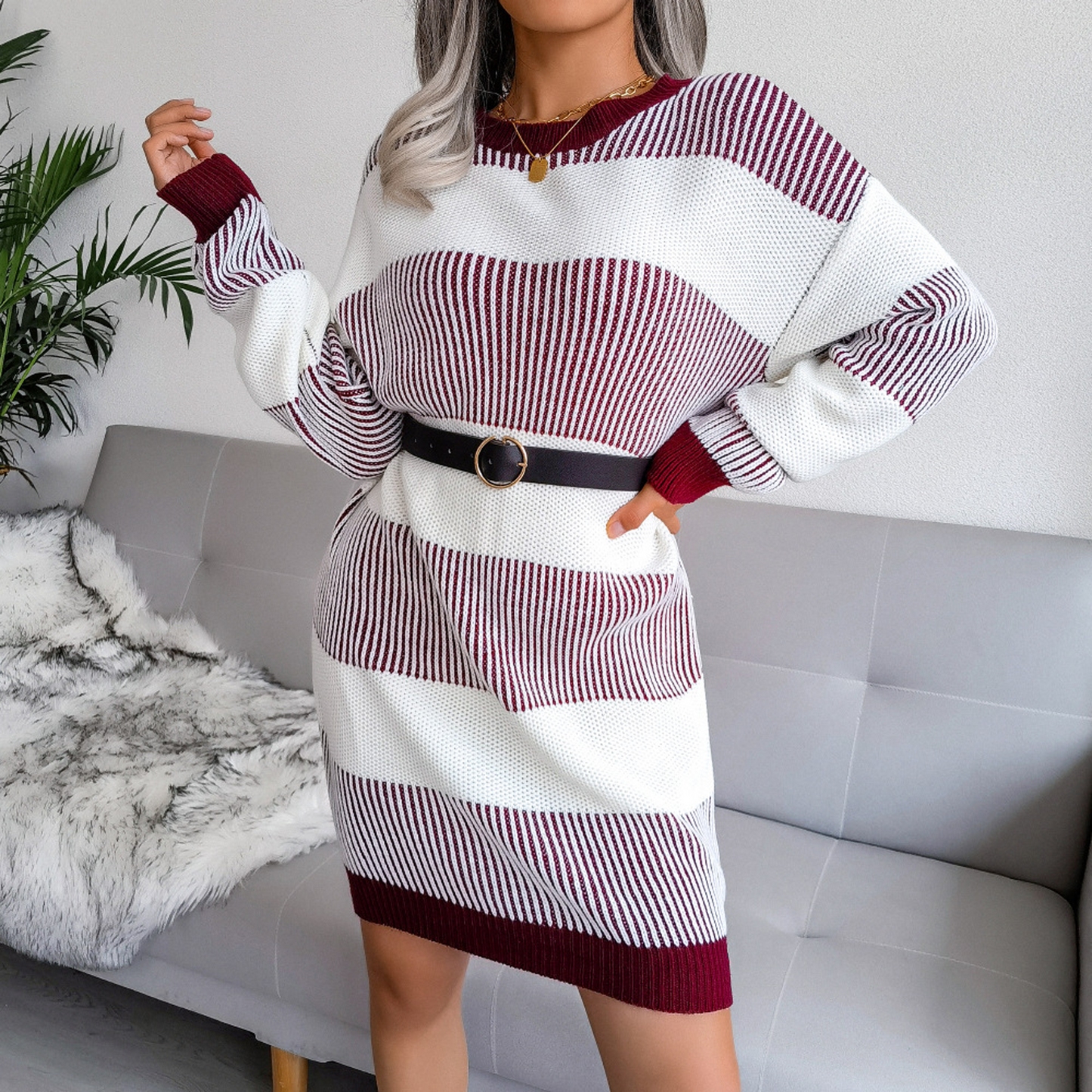 Striped Casual Loose Sweater Knitted Dress