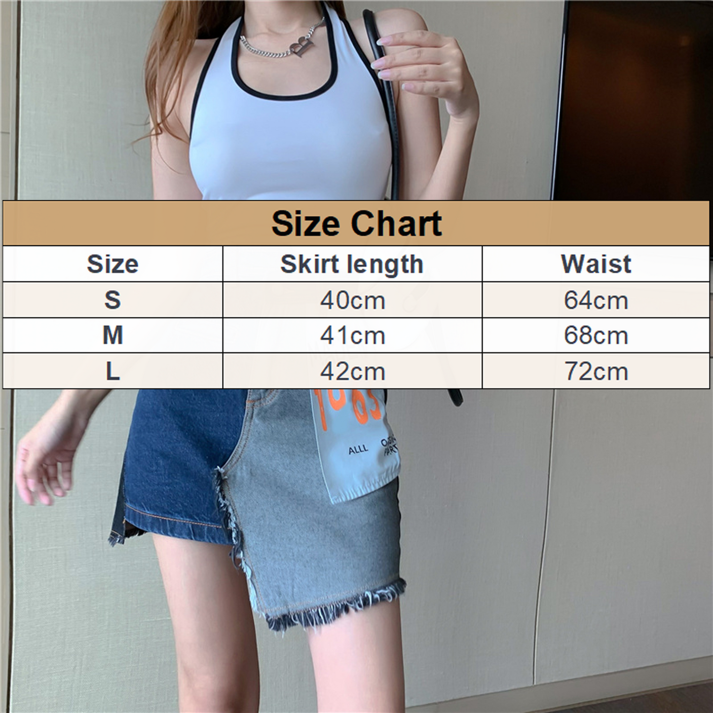 Korean High Waist A-line Denim Irregular Stitching Skirt Version