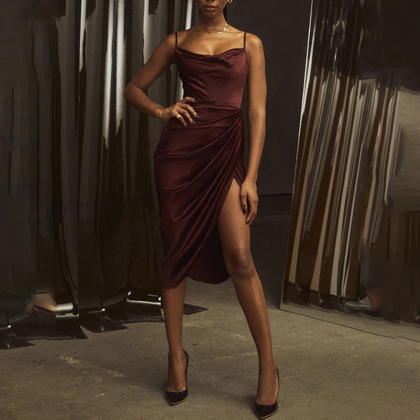 Elegant Solid V-neck High Slit Fashion Sleeveless Dress