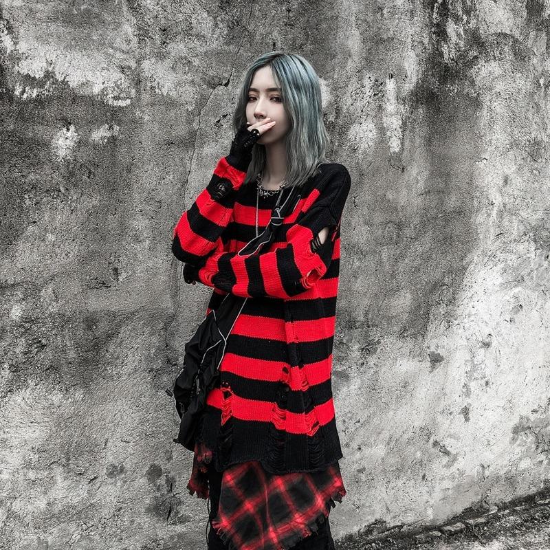 Distressed Style Striped Punk Sweater