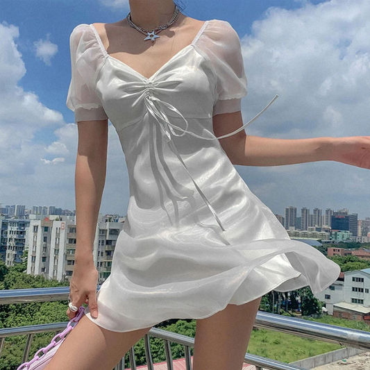 Sundress Fairy White Tulle Puff Short Sleeve Mini Dress