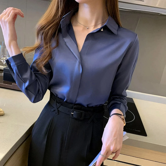 Silk Long Sleeve Shirts Blouse - Office Lady Satin Top