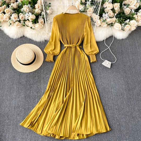 Slim Waist Pleated Elegant Chiffon Dress - Women's Spring French Style Puff Long Sleeve