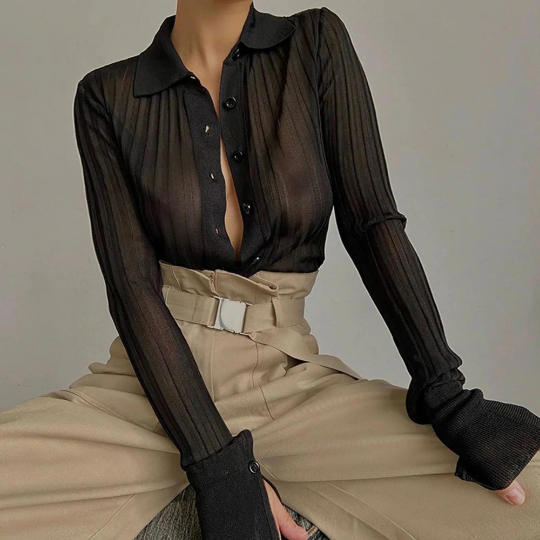 Transparent Turn Down Collar Style Women's Long Sleeves Top