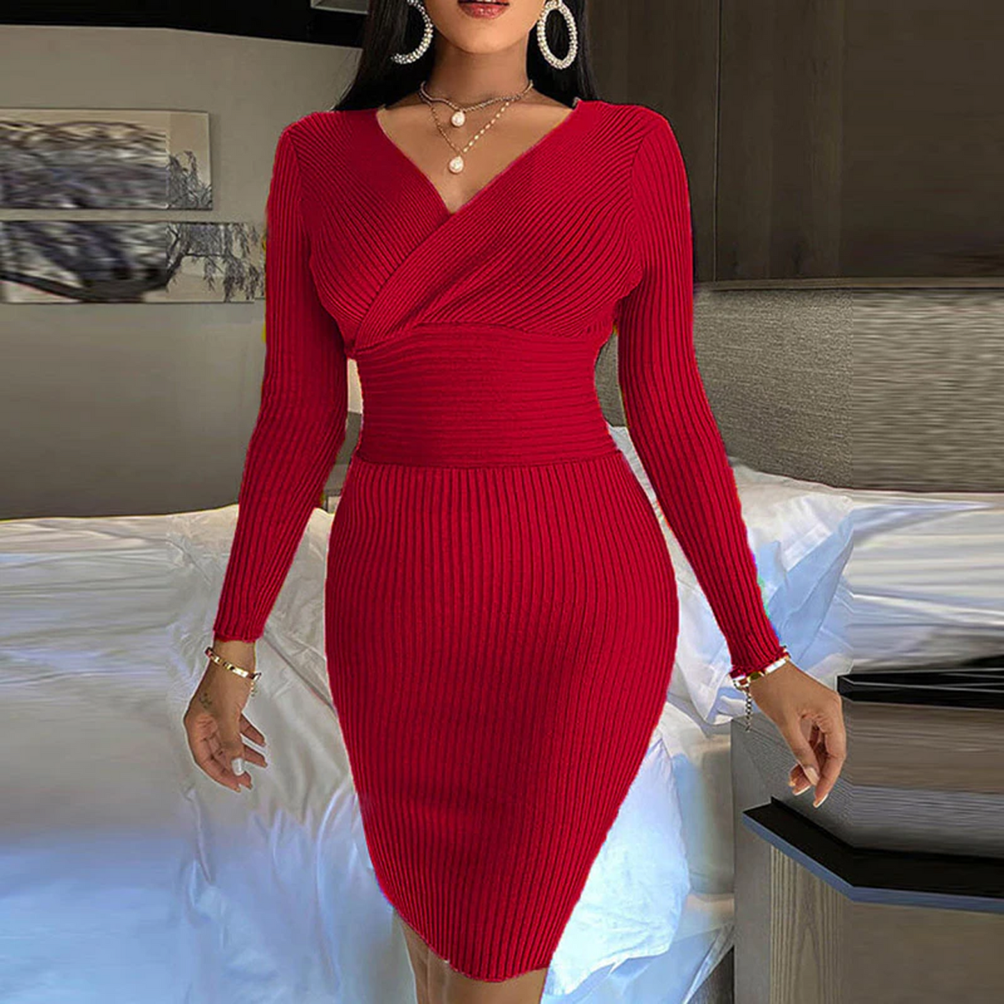 Women's Elegant V Neck Slim Fit Bodyon Dress Mini Dresses
