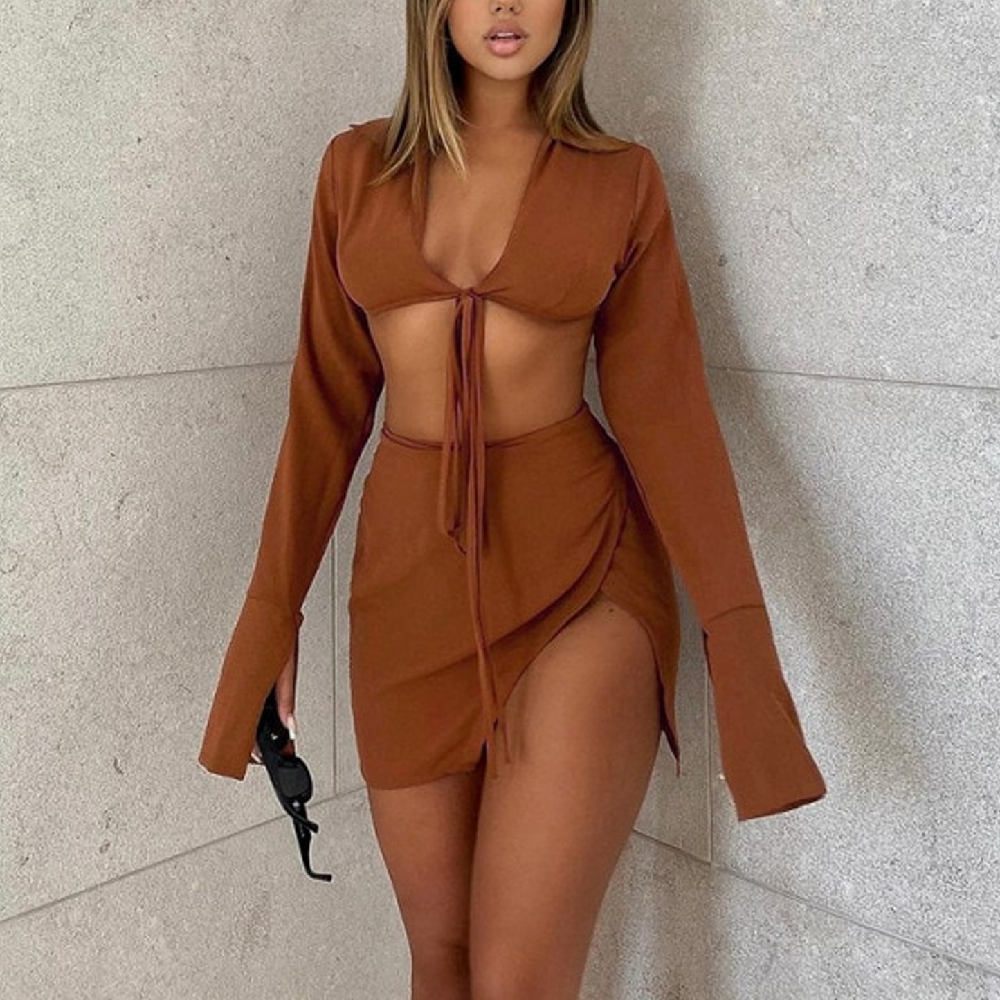 Brown Sexy Tie Front Top and Skirt Sets