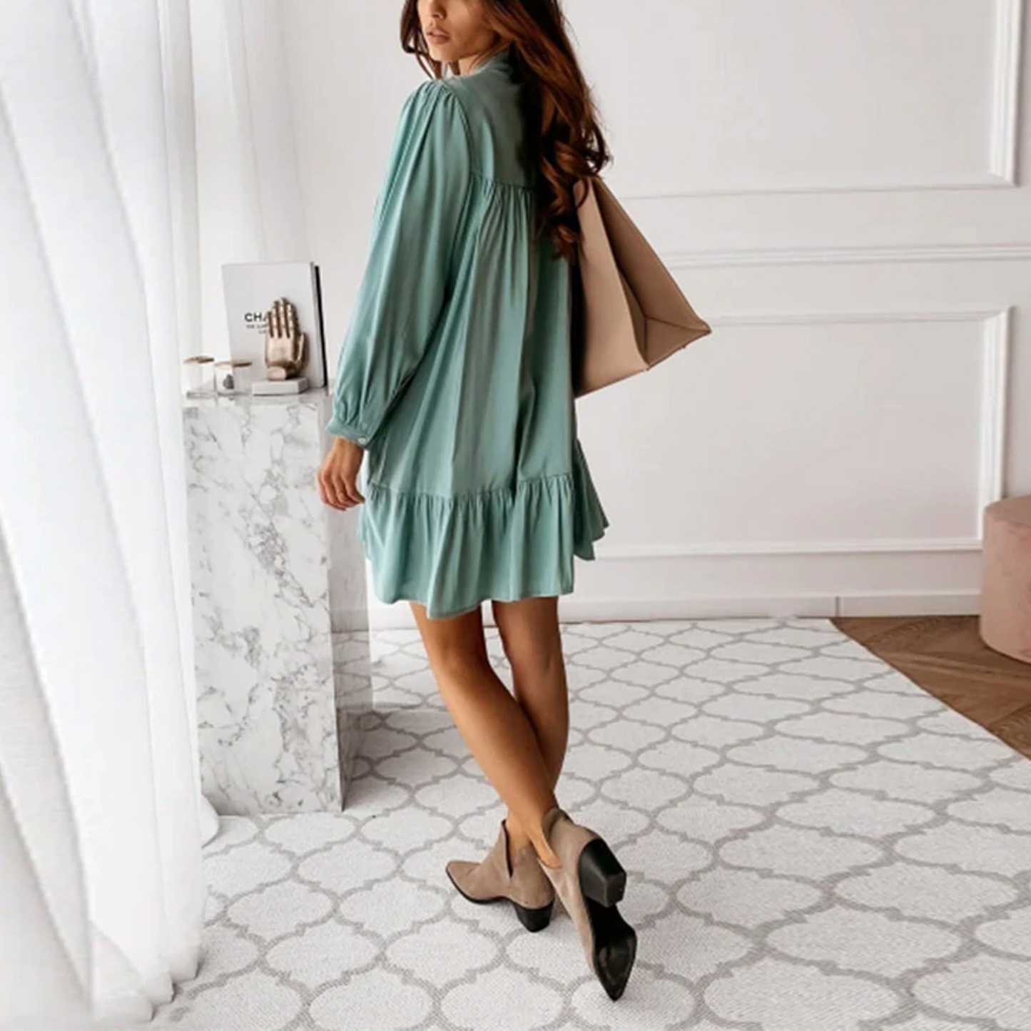 Women's Vintage Ruffled Front Button A-line Long Sleeve Elegant Casual Mini Dress