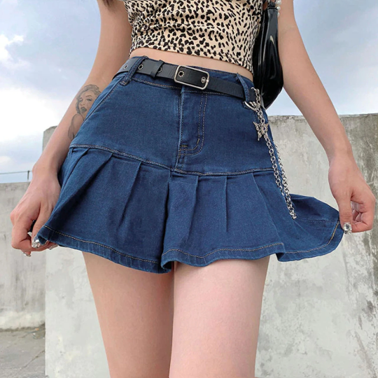 Summer Style Pleated Denim Mini Skirt High Waist