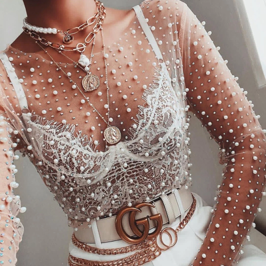 Transparent O-Neck Long Sleeve Sexy Lace Mesh Shirt Club Party Tops Spring