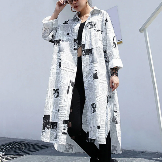 White Newspaper Cardigan Print Loose Dress