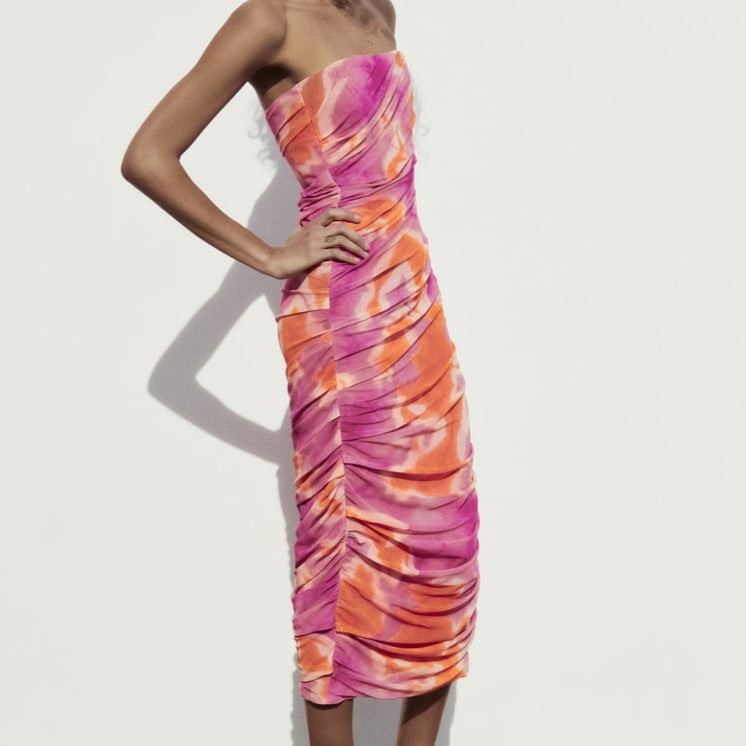 Draped Tie Dye Pleated Dress