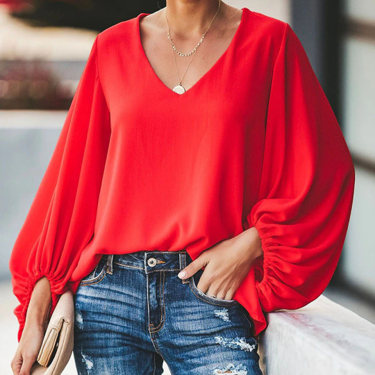 Plus Size Long Lantern Sleeve Chiffon Autumn Blouse