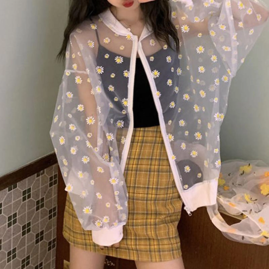 Mini White Daisies Print Style Women's See-through Coat