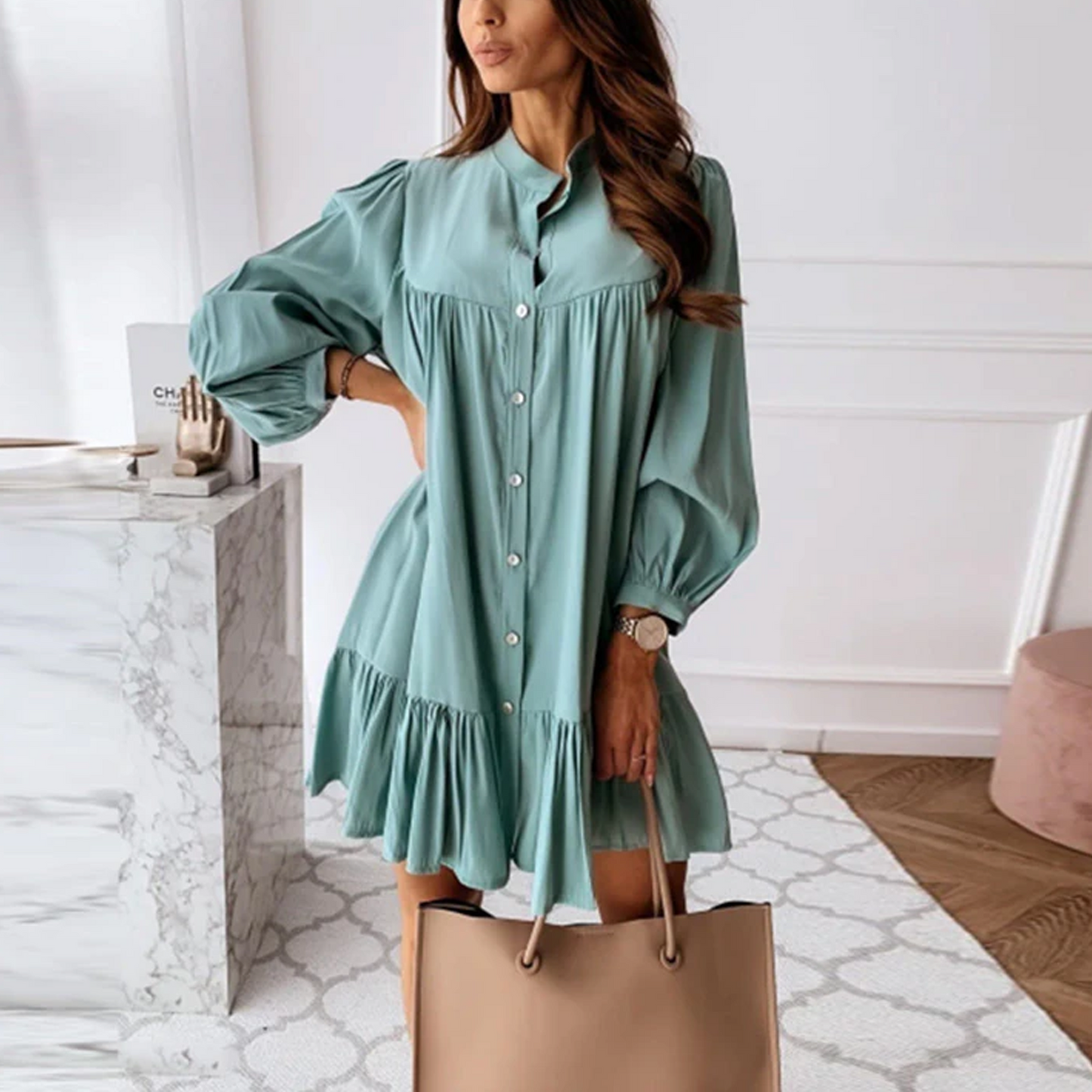 Women's Vintage Ruffled Front Button A-line Long Sleeve Elegant Casual Mini Dress