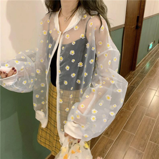 Mini White Daisies Print Style Women's See-through Coat