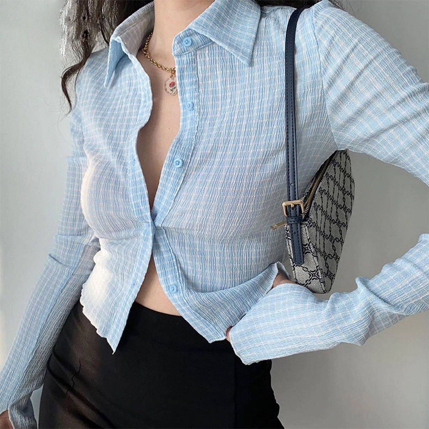 Women's Vintage Sexy Crop Top Long Sleeve V Neck Plaid Print