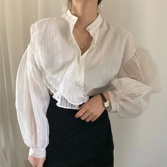 Vintage Transparent Lantern Mesh Sleeves Blouse (One Size)