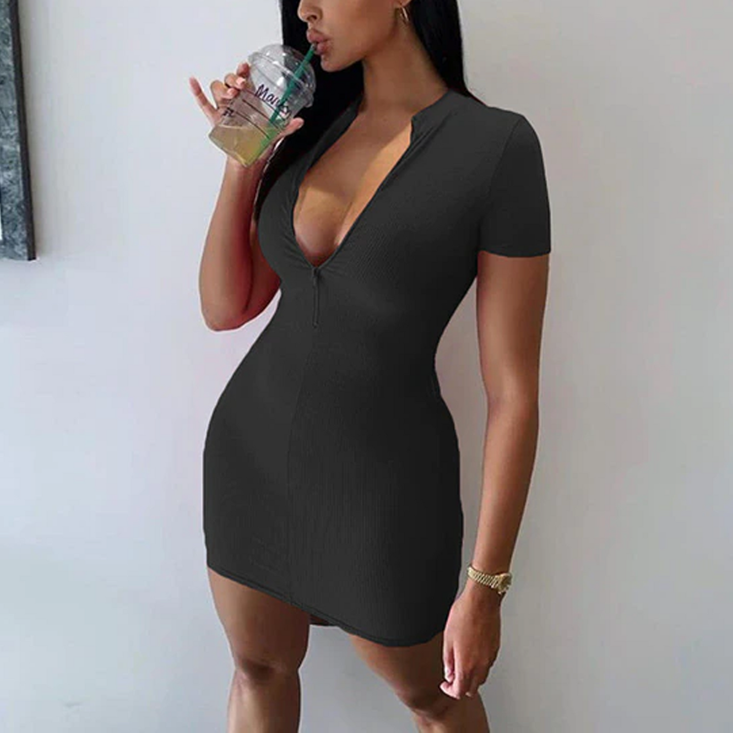 Bodycon Zipper Ribbed Dress Mini Vestido