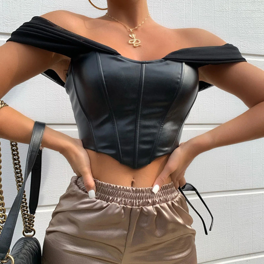 Chiffon Sleeves Corset Style Leather Sexy Crop Top