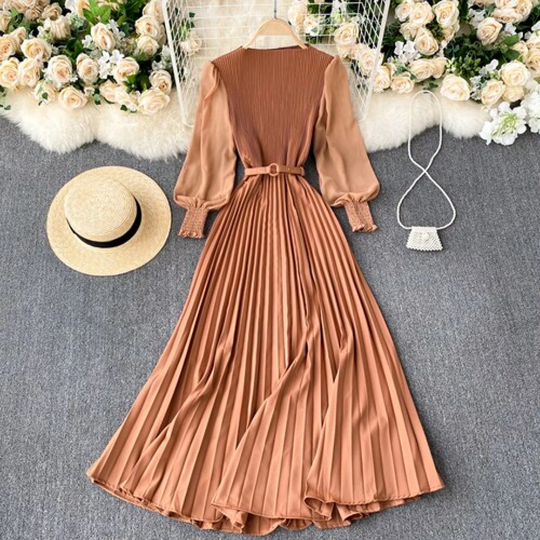 Slim Waist Pleated Elegant Chiffon Dress - Women's Spring French Style Puff Long Sleeve