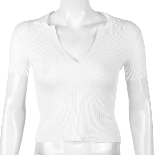 Chic knitted V-neck Short Sleeves Style Women's Skinny Top