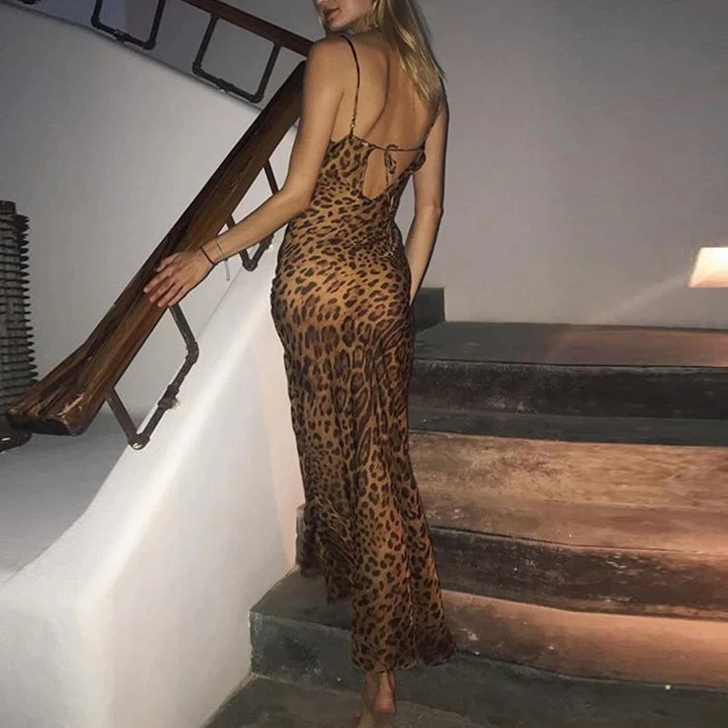 Sexy Bodycon Leopard Print Lace Up Backless V-Neck Long Dress For Women